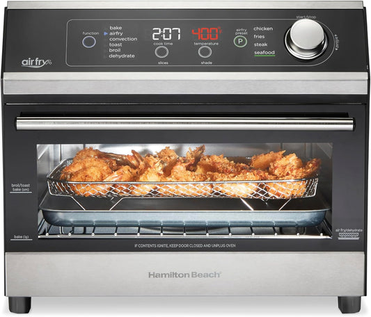 Hamilton Beach Digital Air Fryer Toaster Oven Combo, 10 Ways to Cook, 4 Preset Functions, Stay On & 1800 Watts, LED Capacitive-Touch Controls, 2 Rack Positions, Fits 12” Pizza, Black & Stainless Steel