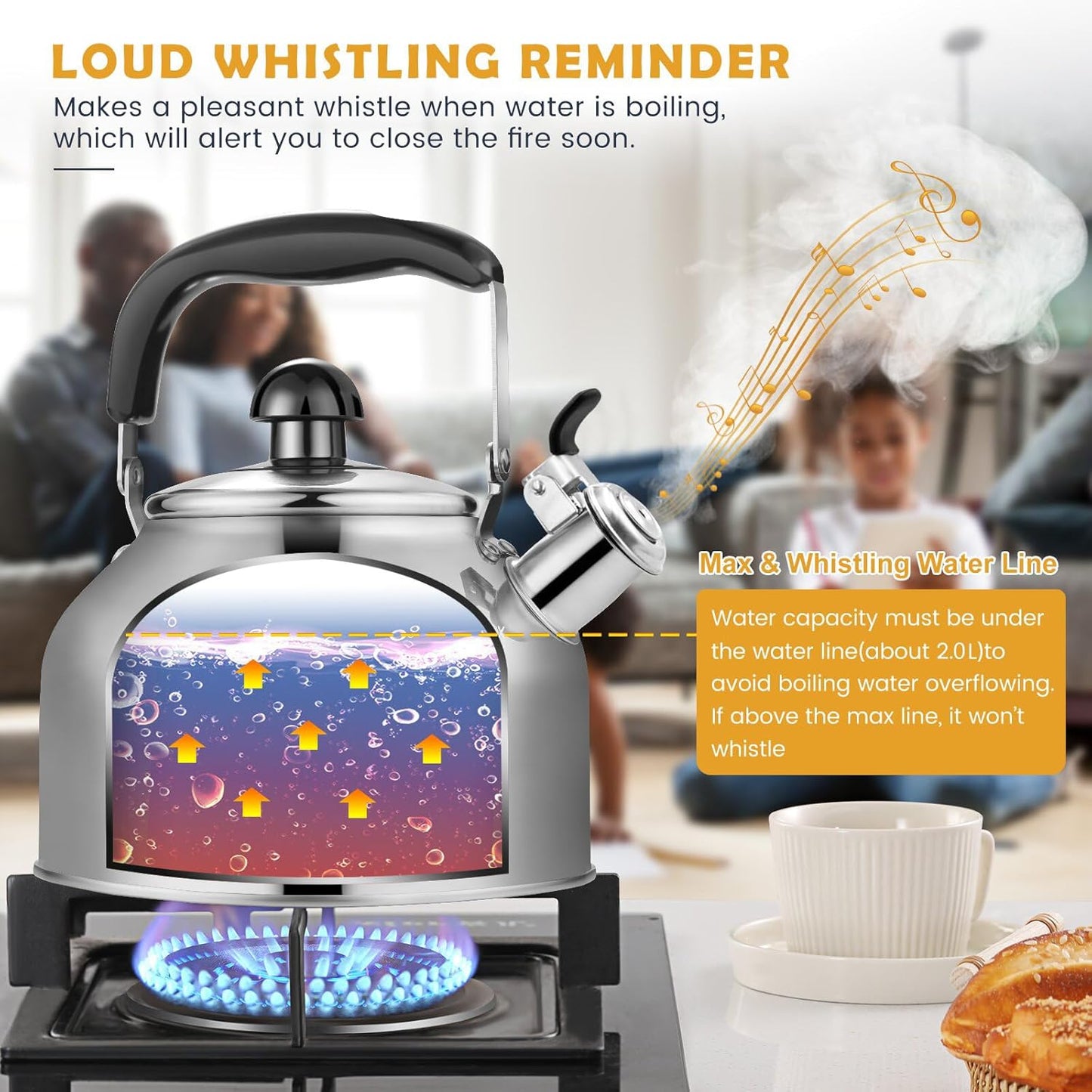 AMFOCUS Tea Kettle Stovetop, Whistling Tea Kettle Pots for Stove Top, 2.64 QT Food Grade Stainless Steel Teakettle Teapot with Cool Grip Folding Handle, Hot Water boiler for Tea, Milk, Coffee