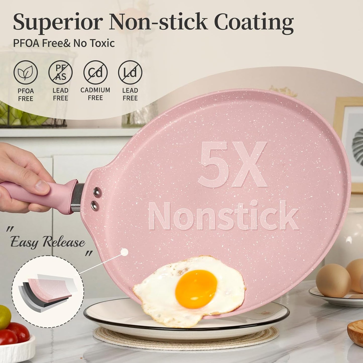 Nonstick Crepe Pan, Granite Coating Flat Skillet Dosa Tawa Tortilla Pan, 10 inch Pink Pancake Griddle Roti Pan With Stay-Cool Handle, Induction Compatible, PFOA Free