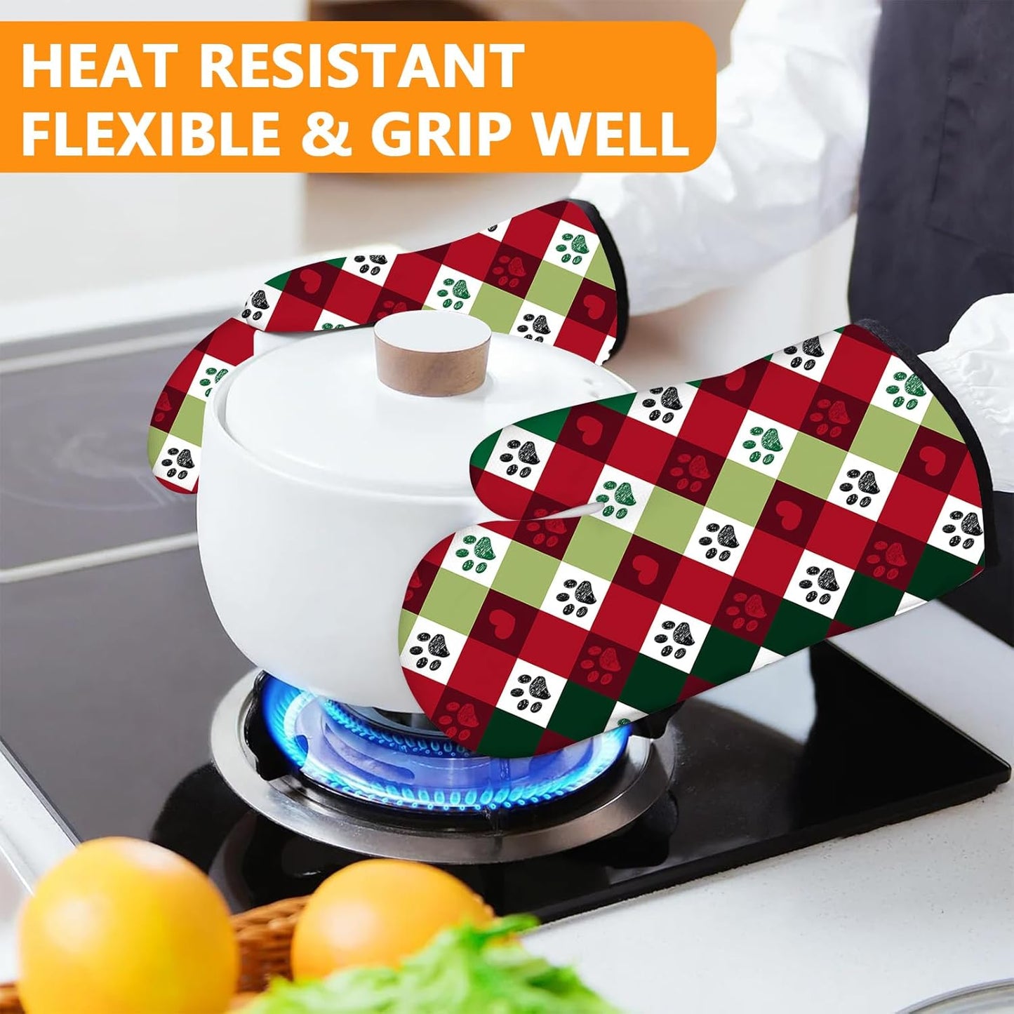 Red Green Dog paw Oven Mitts and Pot Holders Sets 4Pcs,Extra Long Oven Gloves Potholder for Kitchen Cooking Baking BBQ 100% Cotton Heat Resistant