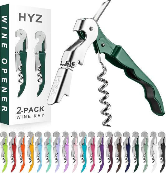 HYZ 2-Pack Wine Opener Waiter Corkscrew, Professional Wine Key for Servers, Bartender with Foil Cutter, Manual Wine Bottle Opener Double Hinged (Dark Green)