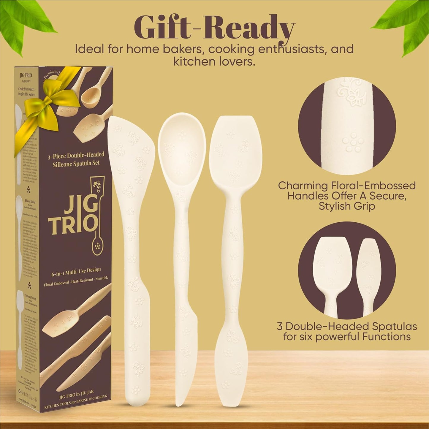 JIG TRIO 3-Piece Double-Headed Silicone Spatula Set – White – Heat-Resistant Baking & Cooking Tools – BPA-Free, Non-Stick Safe, Dishwasher Friendly, Giftable Set