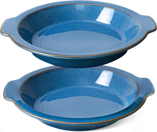 LE TAUCI Ceramic Pie Pans, 9 inch Baking Plates with Handles, Deep Pie Dish for Apple Pie, Pecan Pie, 36 Ounce - Set of 2, Ceylon Blue