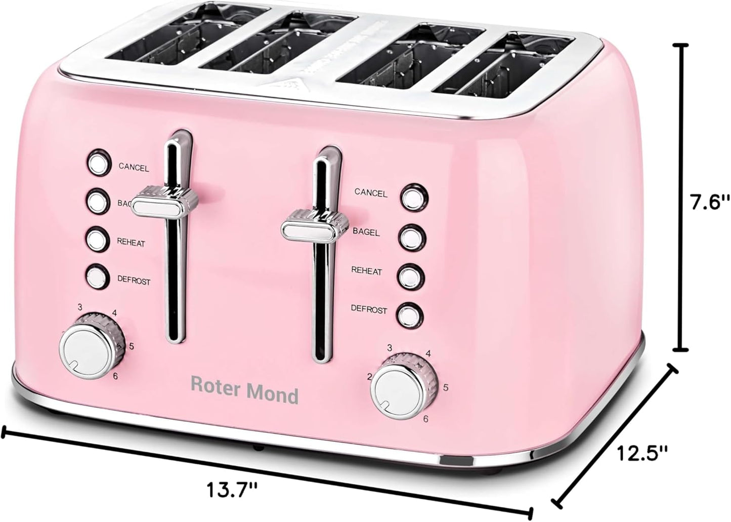 Toaster 4 Slice Retro Stainless Steel with Extra Wide Slots Bagel, Defrost, Reheat Function, Dual Independent Control Panel, Removable Crumb Tray, 6 Browning Levels, Pink