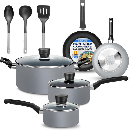 SereneLife Kitchenware Pots & Pans Basic Kitchen Cookware, Black Non-Stick Coating Inside, Heat Resistang Lacquer (11 Piece set), One Size, Gray