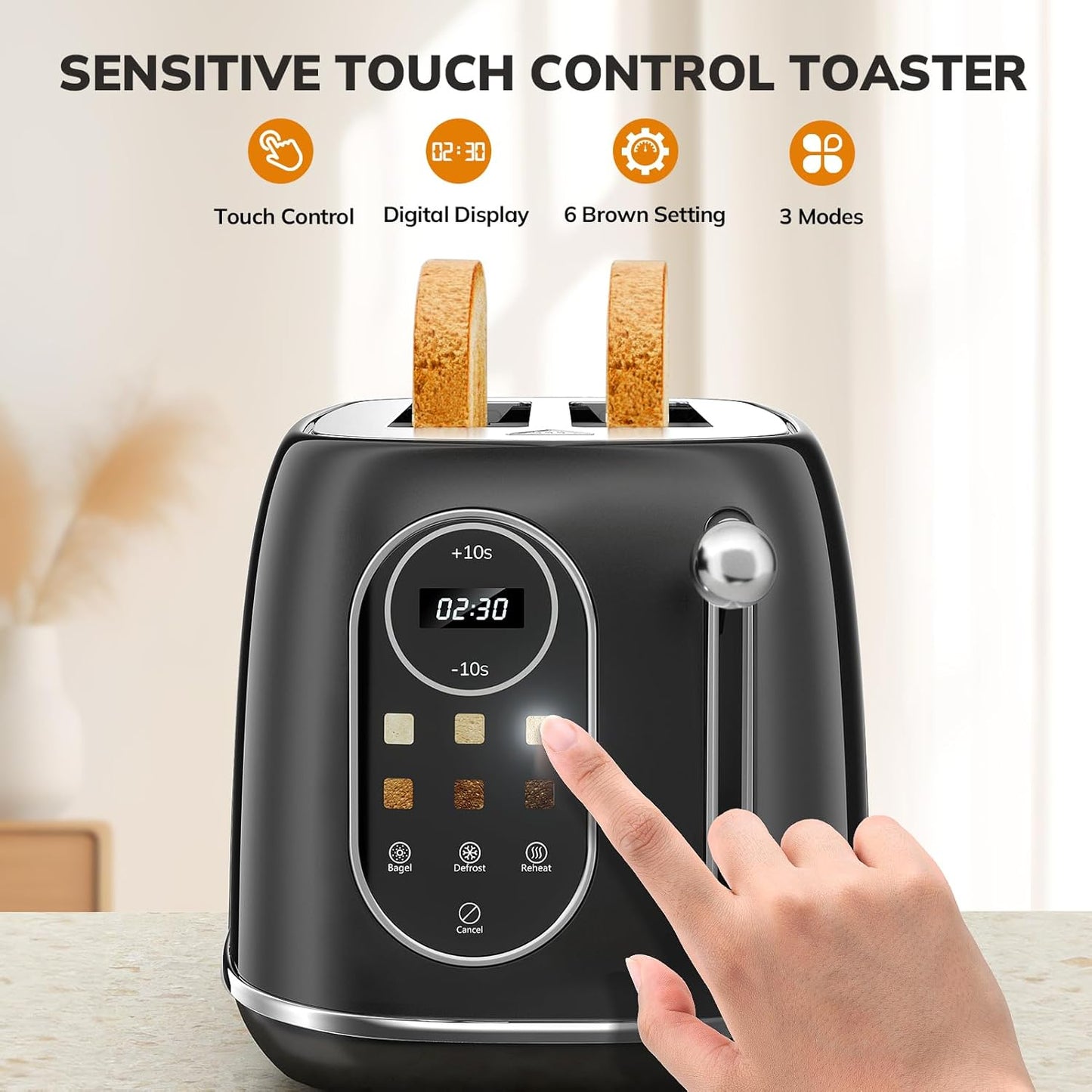 Keenstone Smart Touch Screen Toaster 2 Slice, Retro Wide Slot Stainless Steel Toaster with 6 Browning Levels, Reheat & Defrost, for Bagel, Toast, Bread, Removable Crumb Tray, Black