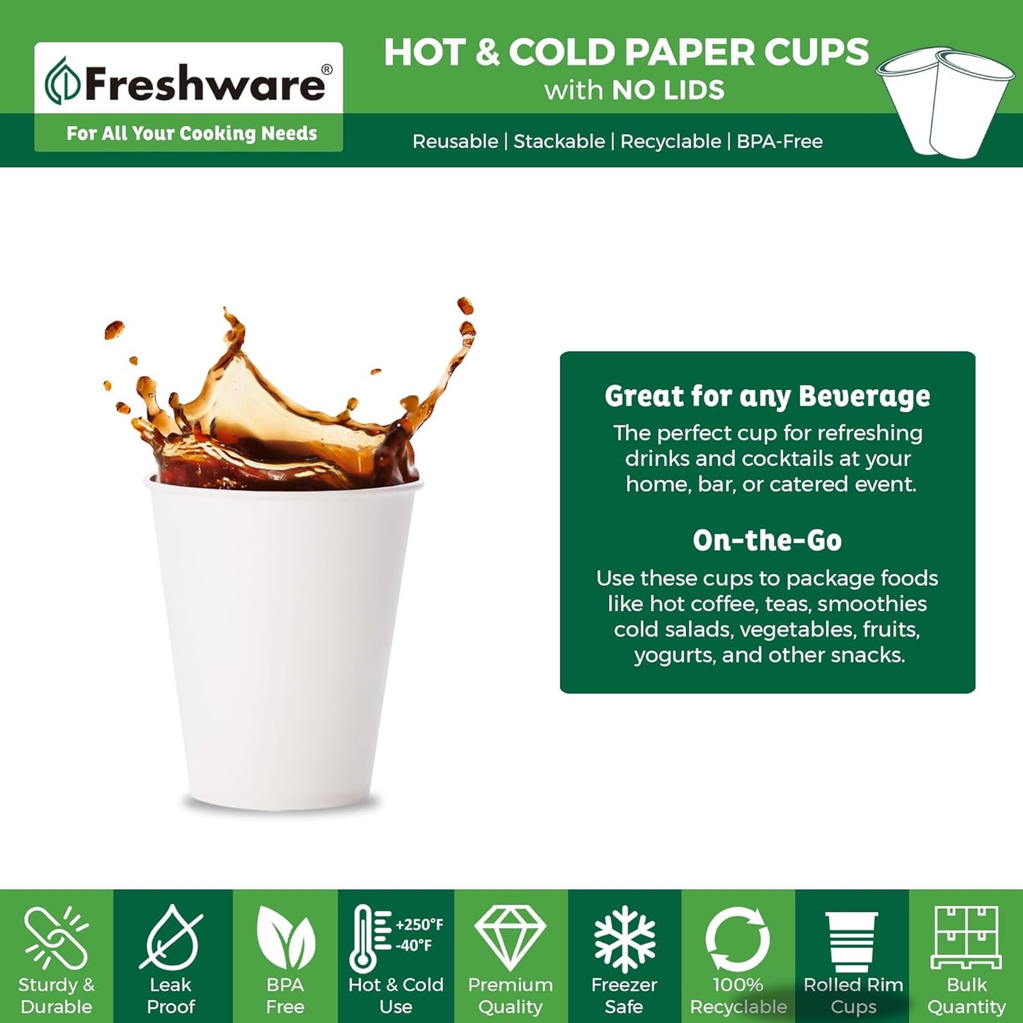 Freshware Coffee Cups 8 oz [1000 Pack] Disposable Paper Cups for Hot or Iced Coffee Cup, Slushie Cup, Milkshakes, Smoothies, and Tea