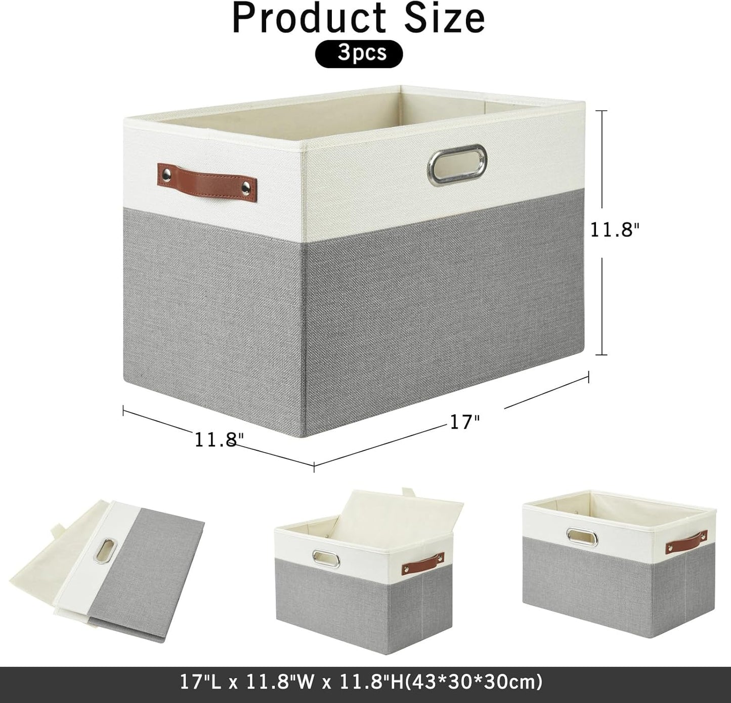 Large Collapsible Fabric Storage Bins with 3 Handles, Foldable Organizer Baskets for Closet, Shelves, Living Room | 3 Pack, Durable PU & Metal Handles (17"x11.8"x11.8", Gray & White)