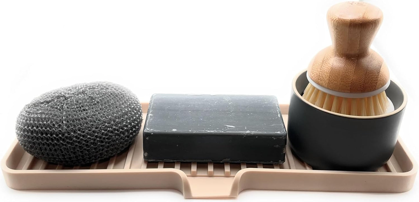 Happitasa Silicone Soap Dish Tray and Sponge Holder with Drain Chute | Bathroom and Kitchen Sink Organizer Caddy (Sand Dollar, 12"x4", 7.4 Ounces)