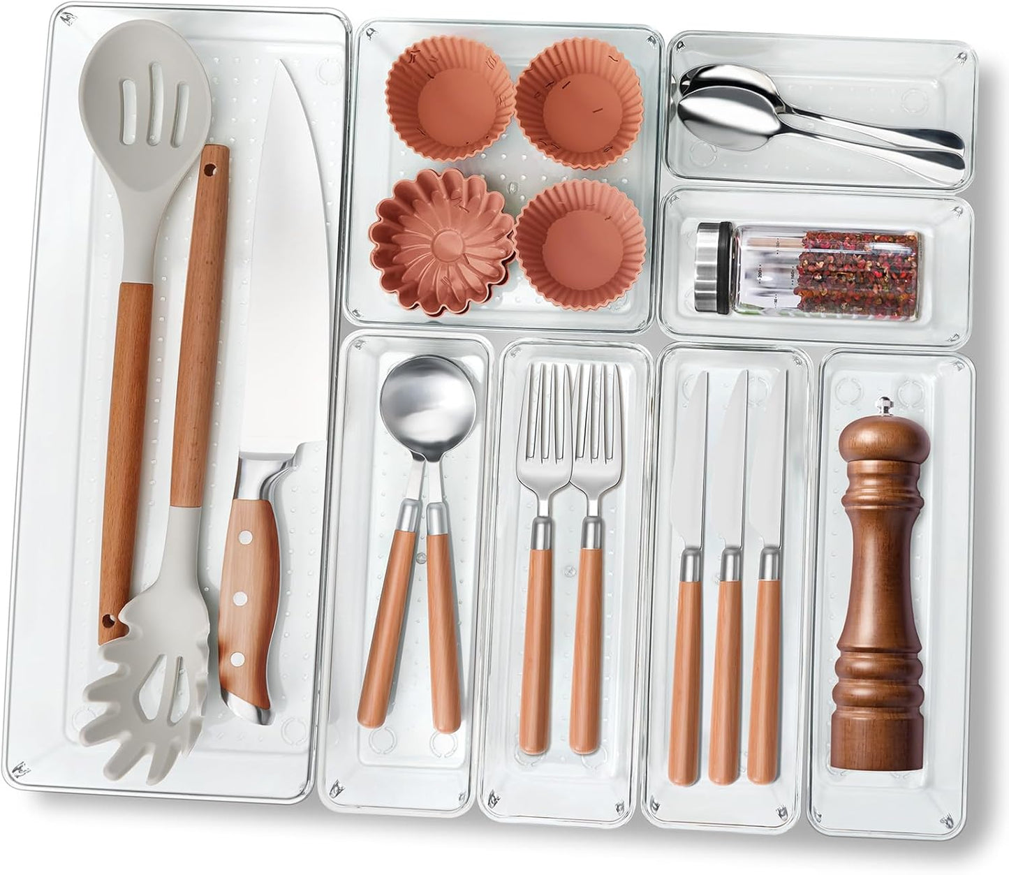 Criusia Utensil Drawer Organizer for Kitchen, 8 Pack Silverware Organizer Utensil Holder, Clear Plastic Drawer Dividers for Flatware, Cutlery, Kitchen Gadgets Accessories, Organizador de Cocina