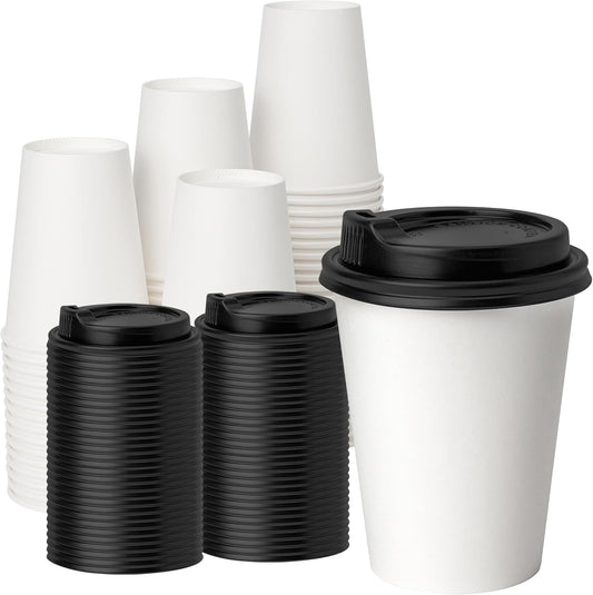 YEEHAW 100 Pack 12oz Coffee Cups with Lids, White Disposable Paper Cups, to Go Coffee Cups for Cafes, Party, and Office