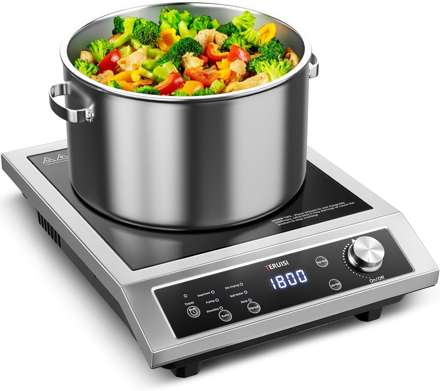 Induction Cooktop Commercial, 1800W Electric Stove with 18/10 Stainless Steel, 4 Hours Timer, 6 Preset Functions, 8 Temp/Power Levels, Portable Countertop Burner for RV Home Kitchen