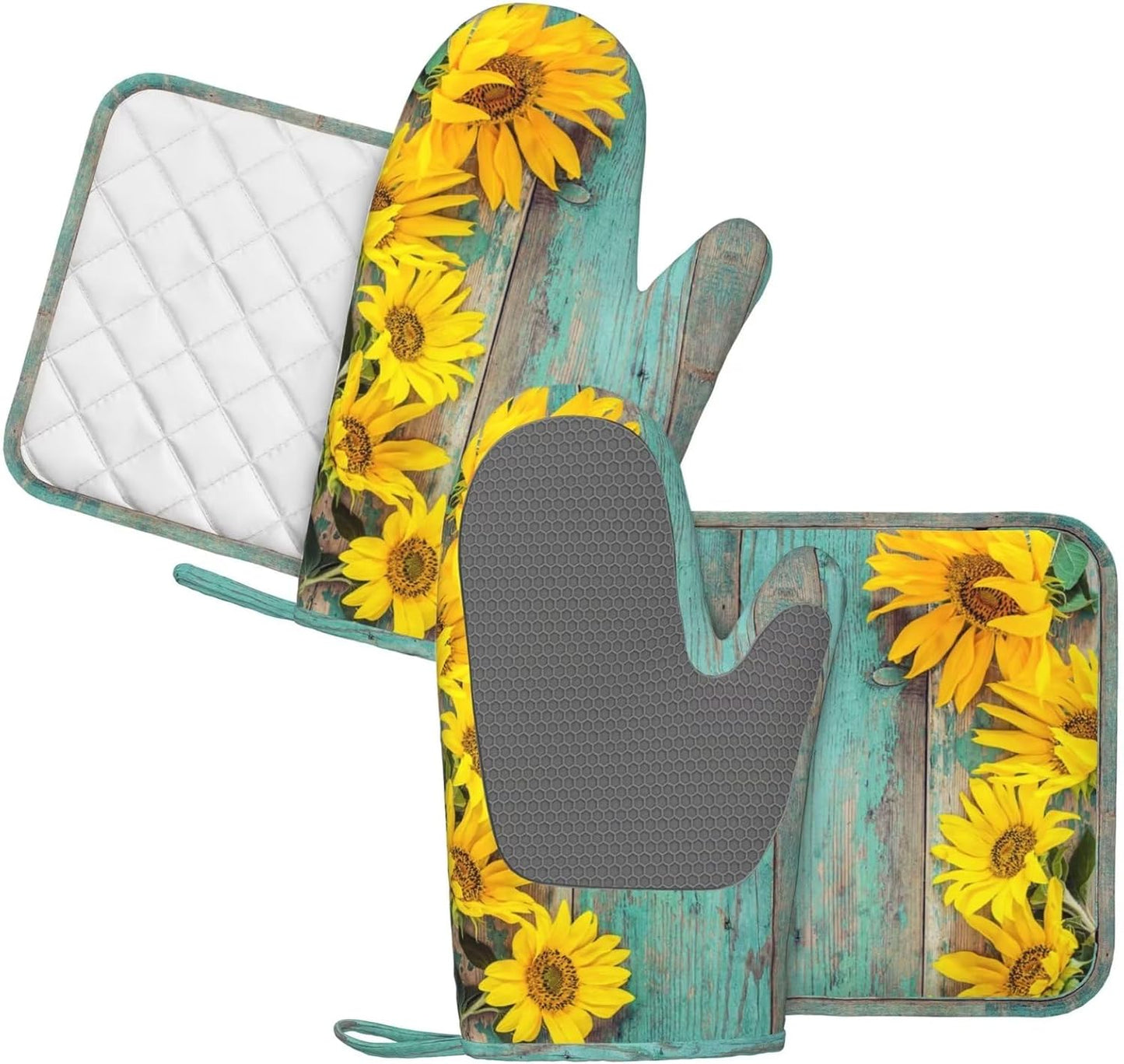 Sunflower Teal Wood Oven Mitts Pot Holders Set Silicone Kitchen Oven Mitts Heat Resistant Farmhouse Potholders Non-Slip 4pcs Hot Pads and Oven Gloves Sets for Baking,Cooking,BBQ,Grilling