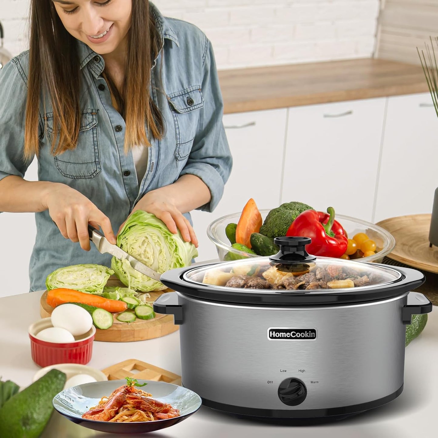 HOMECOOKIN 8 Quart Slow Cooker Oval Manual Pot Food Warmer with 3 Cooking Settings, Stainless Steel