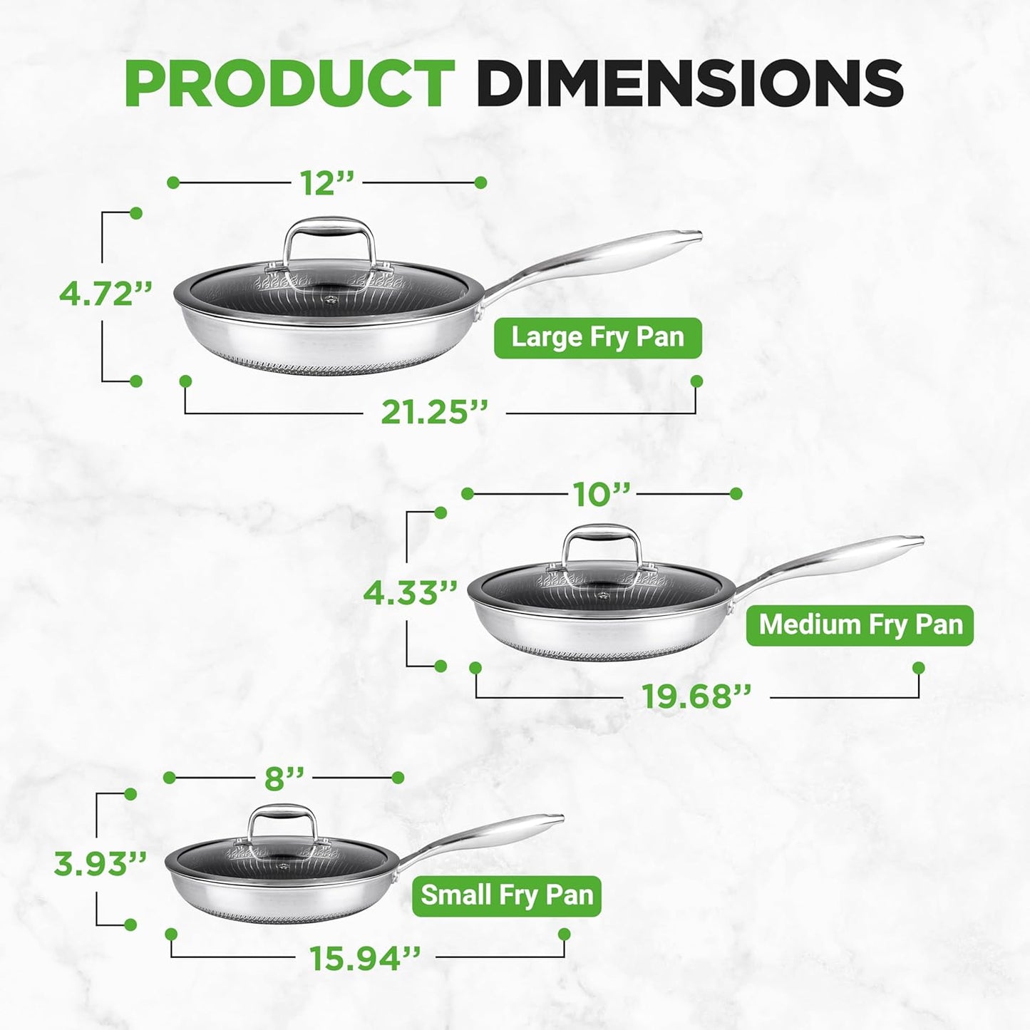6-Piece Cookware Set Stainless Steel - 3 layers Kitchenware Pans Set Kitchen Cookware w/DAKIN Etching Non-Stick Coating - Small, Medium, & Large Stir Fry Pan with Lid - NutriChef NC3PFRY3
