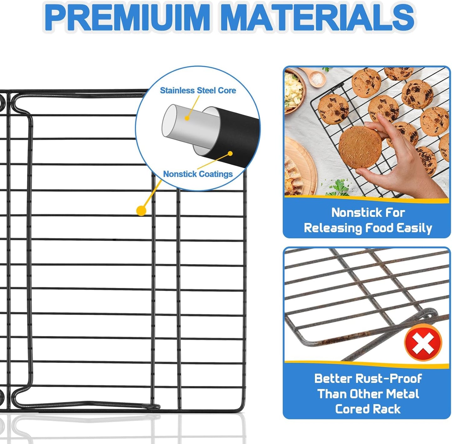 P&P CHEF 4-Tier Cooling Rack Set, Stainless Steel Stackable Baking Cooking Racks for Cooling Roasting Cooking, Raised & Folding Feet, Oven Safe & Easy Clean, 15" x 10", Black