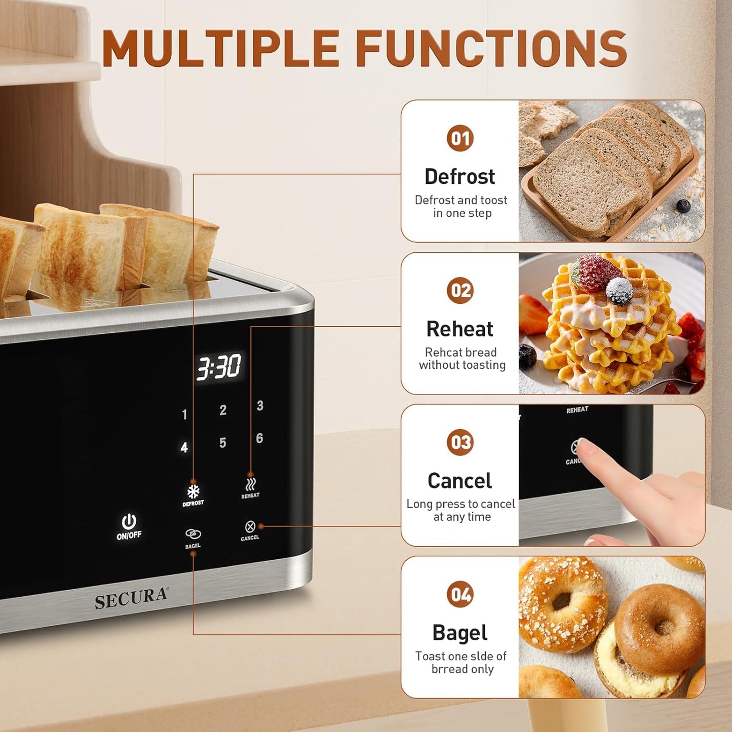 Secura 4-Slice Touchscreen Toaster – Digital Countdown, Dual Control Panels for Personalized Toasting