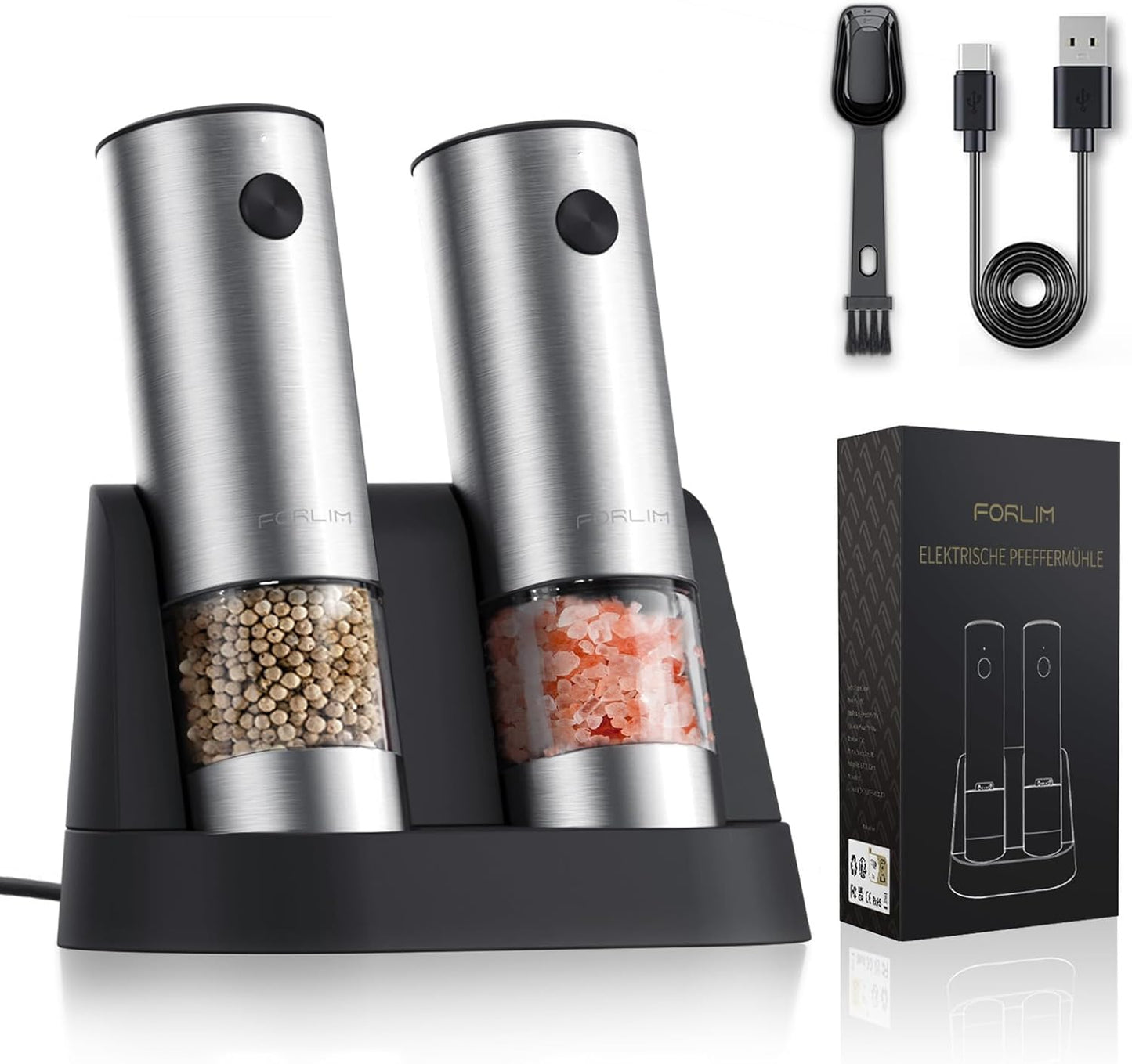 FORLIM Electric Salt and Pepper Grinder Set, USB Rechargeable Automatic Salt and Pepper Grinder Set with Upgraded Base, One Handed Operation Refillable Mill with Light, Adjustable Coarseness - 2 Mills
