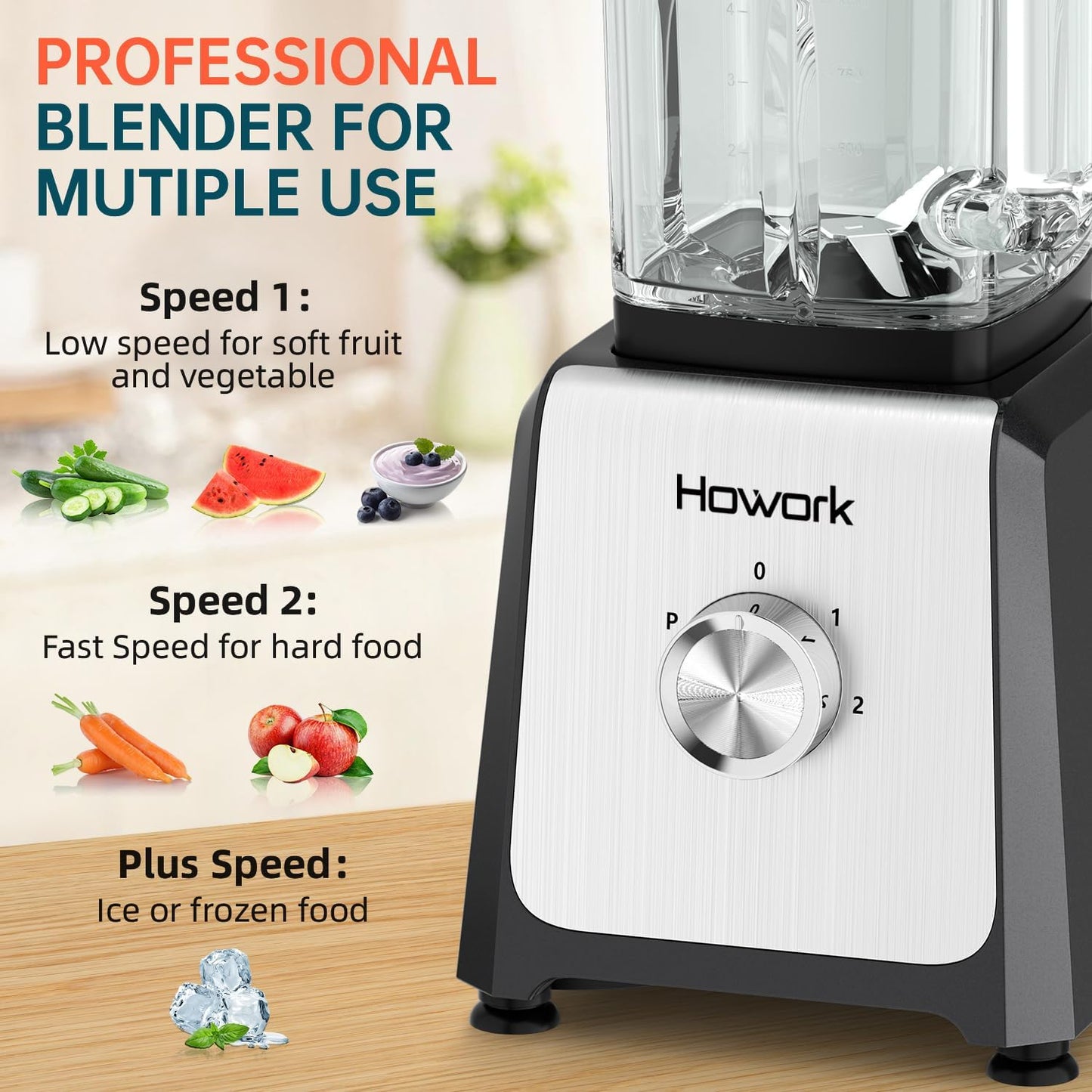 HOWORK Blender for Smoothies, 750W Personal Blender, 56 Oz Glass Jar, 16oz Portable Cups,2+P speed, 3 Functions for Smoothies, Frozen Drinks & Ice Cream,Grey