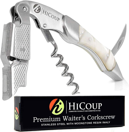 Hicoup Wine Opener - Professional Corkscrews for Wine Bottles w/Foil Cutter and Cap Remover - Manual Wine Key for Servers, Waiters, Bartenders and Home Use - Stainless Steel w/Moonstone Resin Inlay
