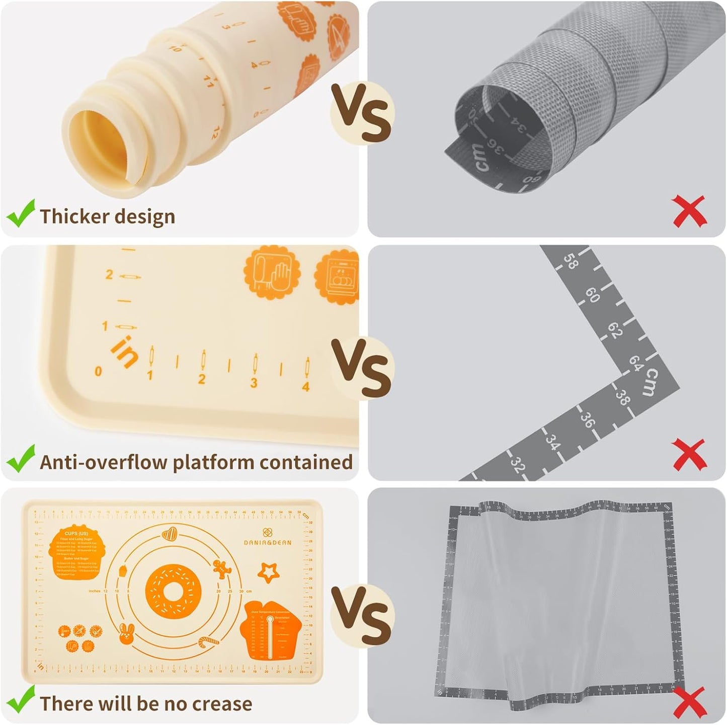 DANIA & DEAN Silicone Baking Mat - Upgrade 26x16 Inch Extra Thick Pastry Mat with Measurements, Non-Slip and Reusable, Kneading Dough Mat for Kitchen Counter, Bread, Cookies, Pizza, Fondant, Pasta