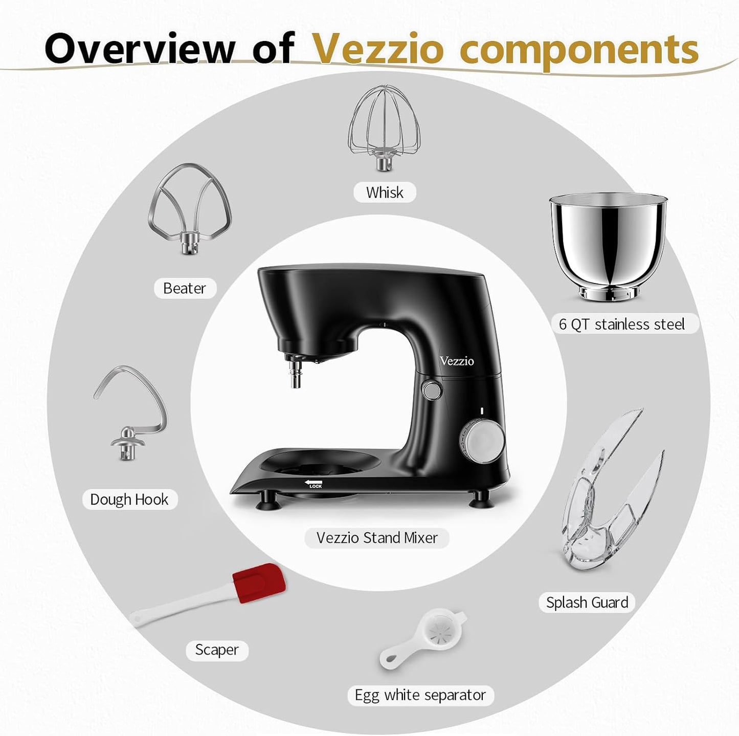 Vezzio Stand Mixer,6 Quarts,10-Speed Tilt-Head,Kitchen Food Mixer with Stainless Steel Bowl,Dough Hook,Whisk, Beater,Egg White Separator (Black)