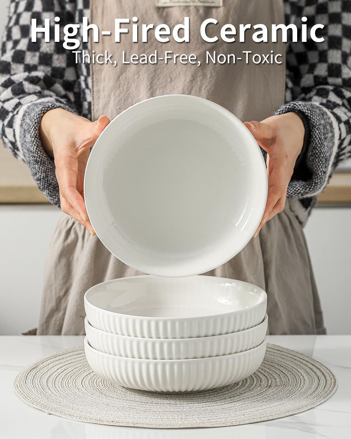 Hasense 8 Inch Pasta Bowls, 30 oz Ceramic Dinner Bowls Set of 4, Bowl Plates for Kitchen, Salad, Large Serving Bowl for Wedding & Housewarming Gift, Modern Bowls Microwave & Dishwasher Safe, White