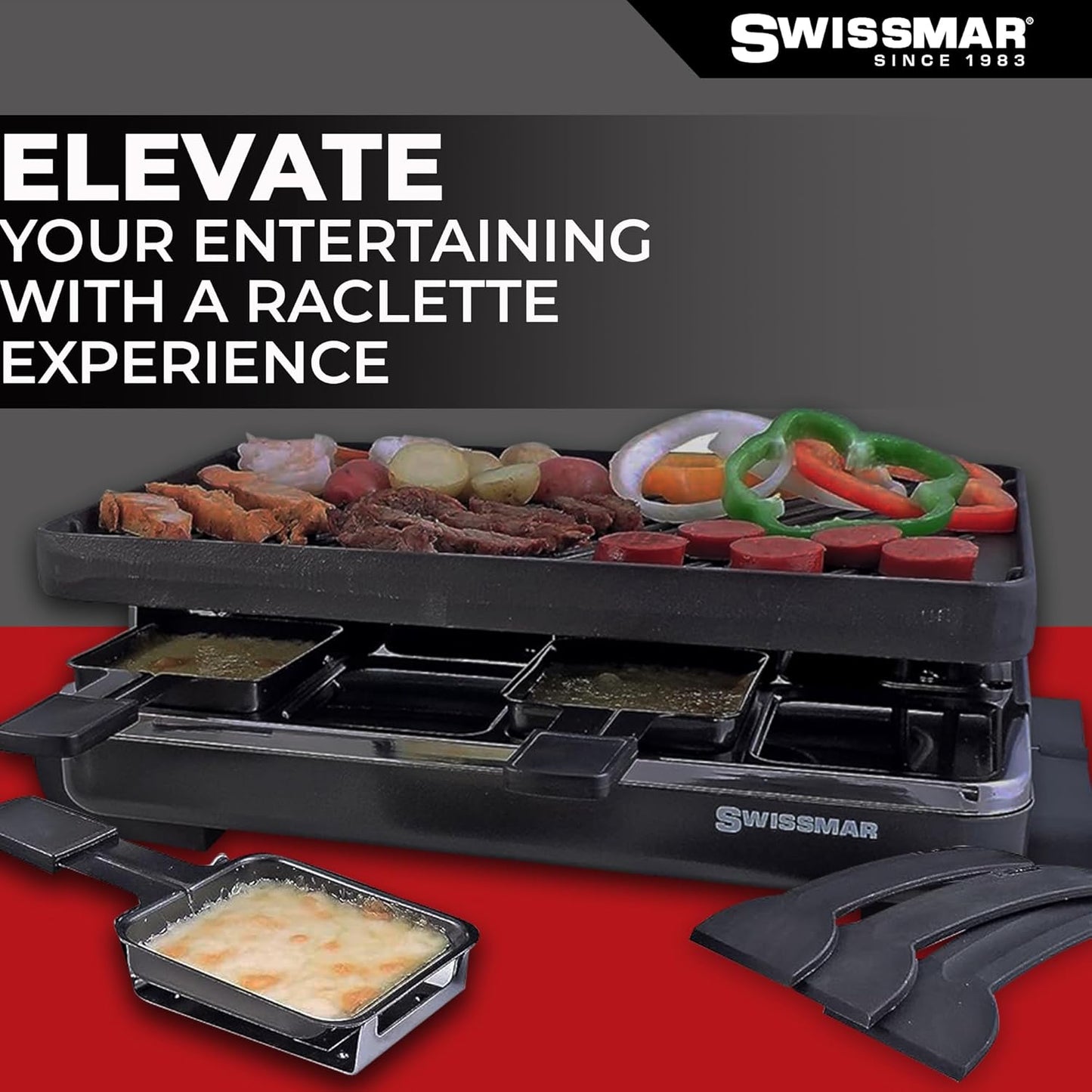 Swissmar Classic 8-Person Raclette Party Grill - Indoor Electric Grill & Griller with Reversible Cast Iron Grill Plate/Crepe Top - Anthracite Black