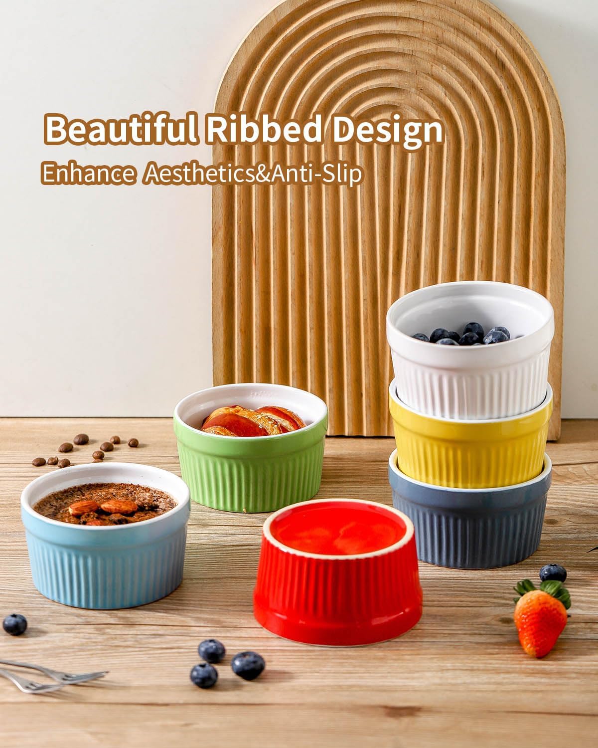 Hasense Ramekins Oven Safe, 8 oz Ramekins for Baking Souffle Set of 6, Ceramic Dipping Sauce Cups for Pudding, Ice Cream, Custard, Dessert Bowls Porcelain, Dishwasher Safe, Multi color