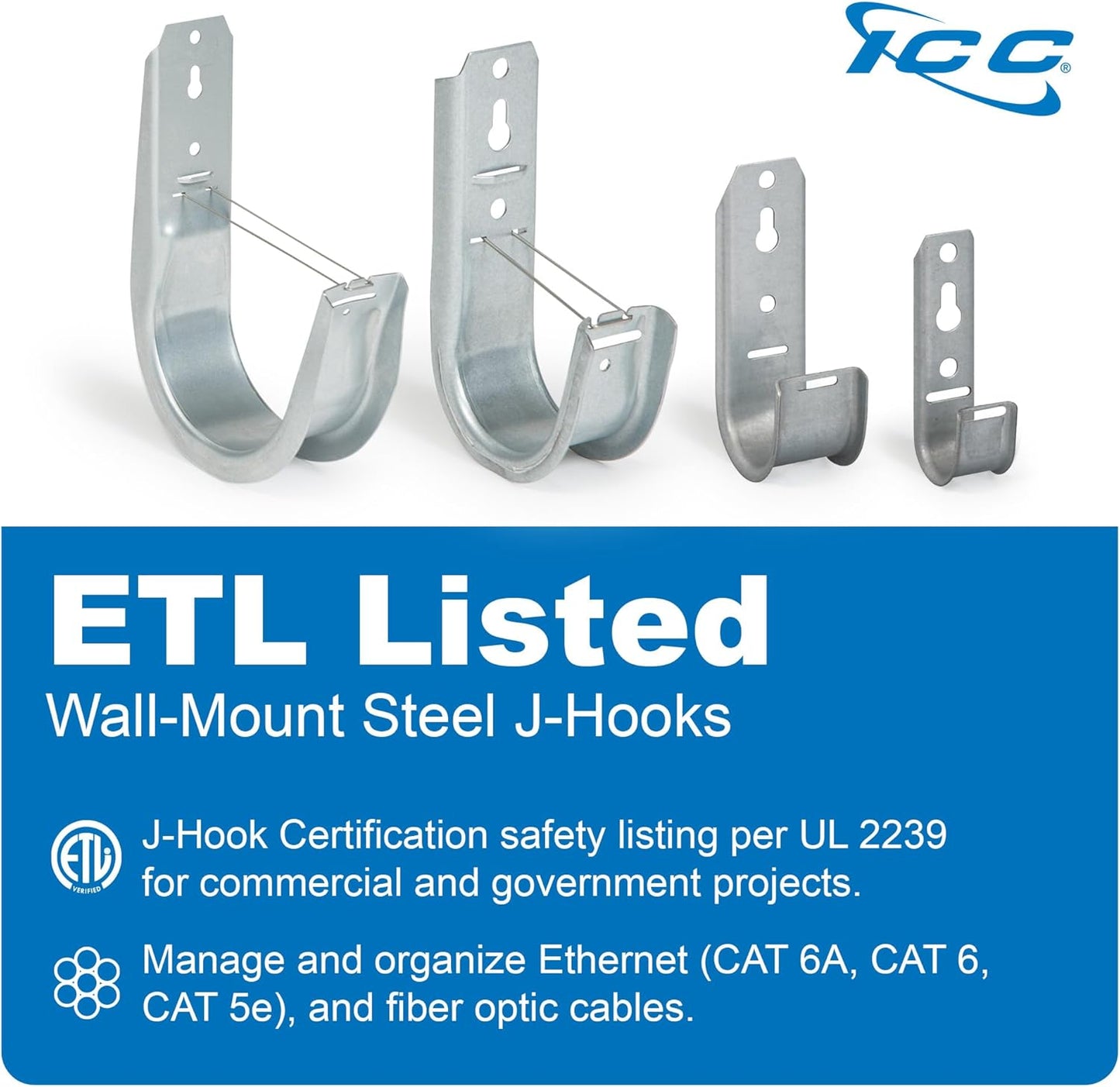 ICC 1-5/16"-Inch Wall Mount J-Hook – 25-Pack, Cable Support Hooks Without Retainer Clips, Galvanized Steel with Zinc Finish – for Structured Cabling and Cable Management