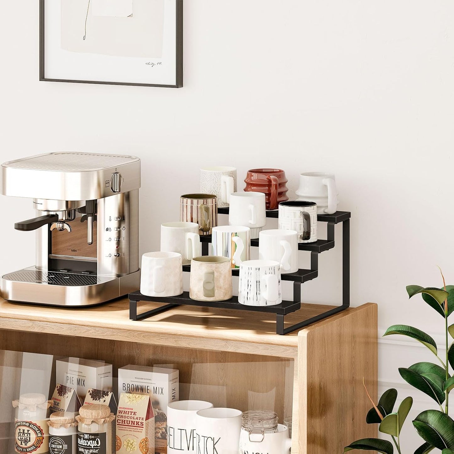 Giikin 4 Tier Spice Rack, Cabinet Organizer Shelf, Wooden Spice Rack for Countertop, Kitchen Counter Storage Shelves Cupcake Stand Holder Display Stand, Black