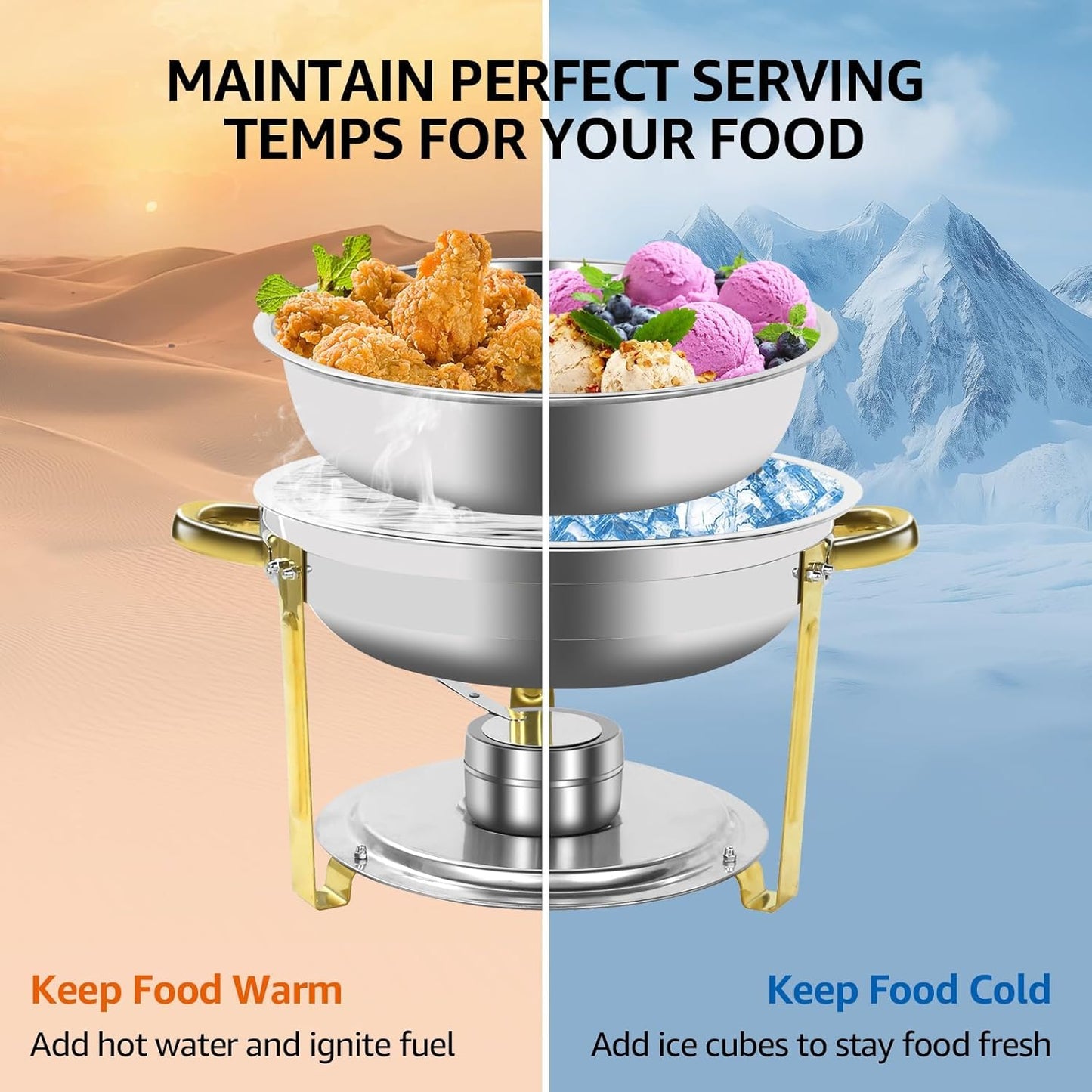 Gold & Silver Chafing Dishes for Buffet with Lid 5QT, 2 Pack - Food-Grade Stainless Steel Chafers and Buffet Warmers Sets with Lid Holder, Rolled Edge Design, for Party, Banquet