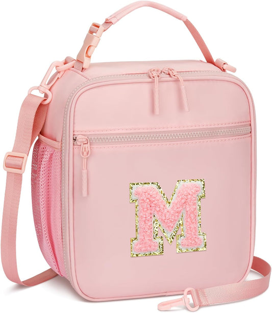 Initial Insulated Lunch Bag for Girls Kids, Back to School Gift, Reusable Leak-proof Lunch Box with Adjustable Strap for School Daycare Travel Picnic (Pink,M)