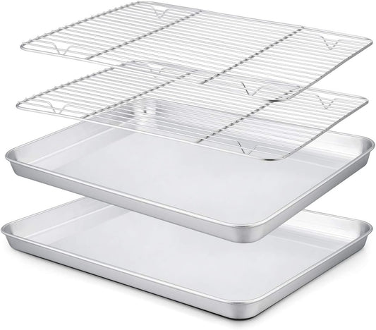 TeamFar 10.5’’ x 8’’ x 1’’ Toaster Oven Pan with Rack Set, Small Baking Pans Tray Stainless Steel with Cooling Rack Set of 4, Non-Toxic & Heavy Duty, Mirror Finish & Dishwasher Safe
