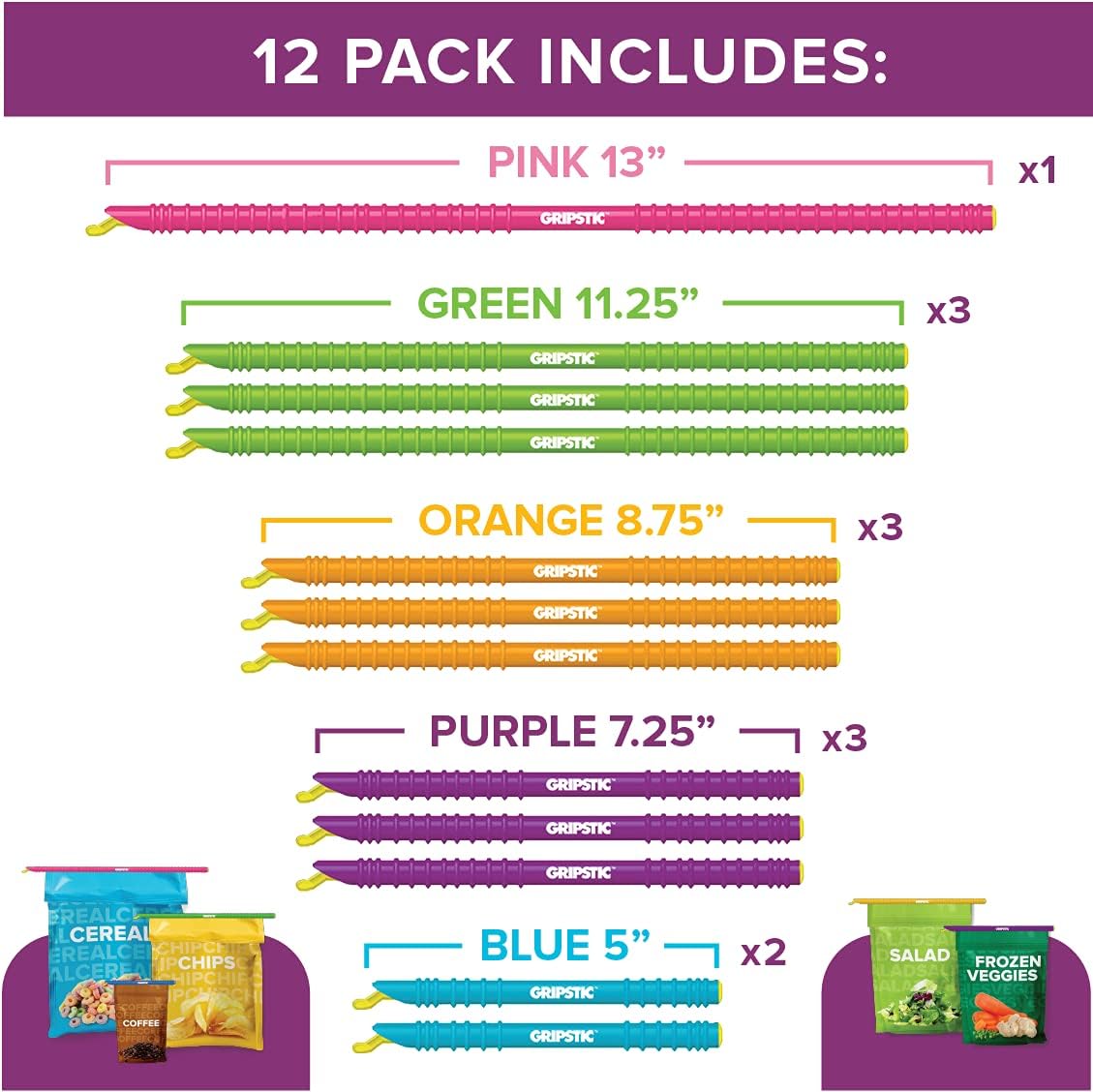 GripStic 12pc Assorted Bag Clips. Durable and reusable chip clips seal food bags air tight. Set includes: (2) 5" Blue, (3) 7.25" Purple, (3) 8.75" Orange, (3) 11.25" Green, (1) 13" Pink.
