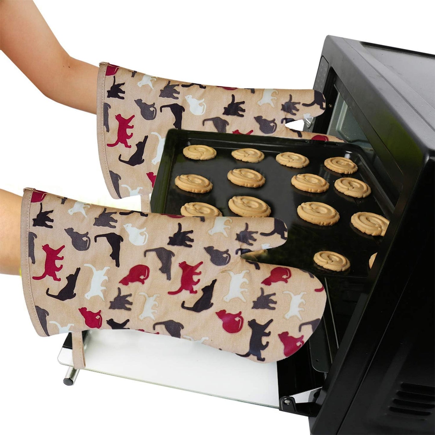 RED LMLDETA Oven Mitts Gloves 1 Pair Heat Resistant 480 ℉ Non Slip Clear Silicone Printed Comfortable Cotton Lining Kitchen Women Men Cooking Barbecue Microwave Machine Washable (Cat, Khaki Mittens)