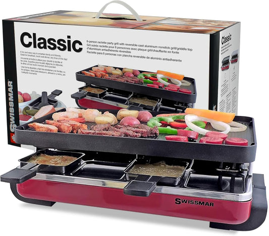 Swissmar Classic 8-Person Raclette Party Grill with Reversible Cast Aluminum Non-Stick Grill Plate/Crepe Top, Indoor Electric Raclette Grill & Griller - Black Grill Plate - Red