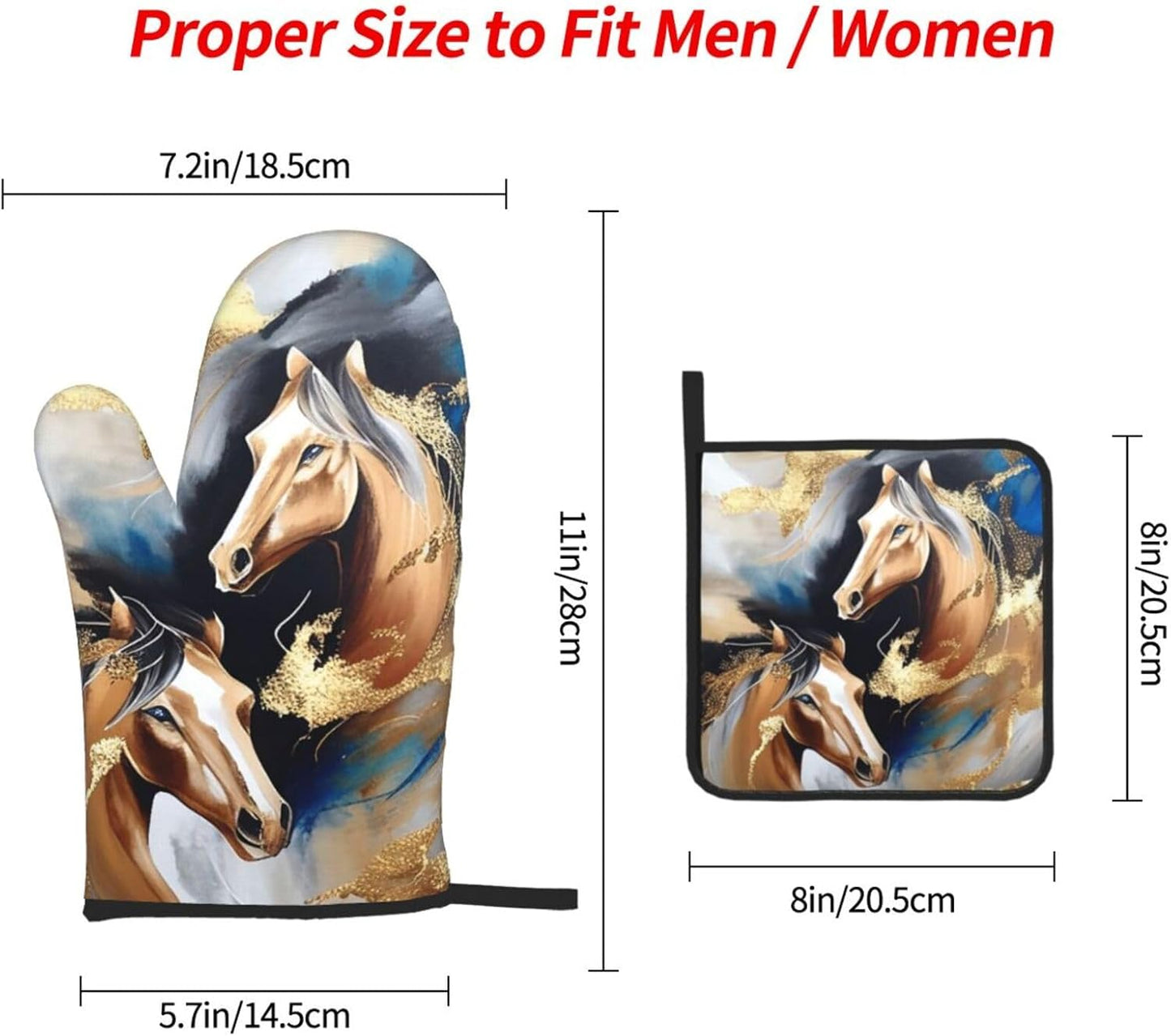 Horse Oven Mitts and Pot Holders Sets of 3 Modern Kitchen Decor Heat Resistant Hot Pads Funny Oven Gloves for Cooking Grilling Baking