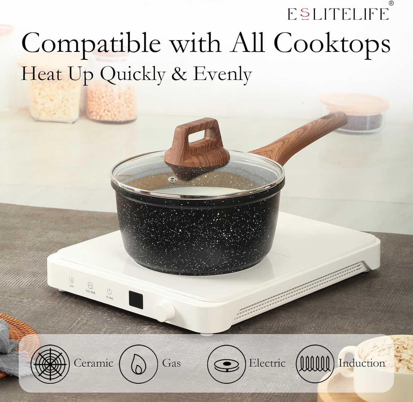 ESLITE LIFE Nonstick Cookware Sets, 9 Pcs Granite Coating Pots and Pans Set Kitchen Cooking Set, Compatible with All Stovetops (Gas, Electric & Induction), PFOA Free, Black