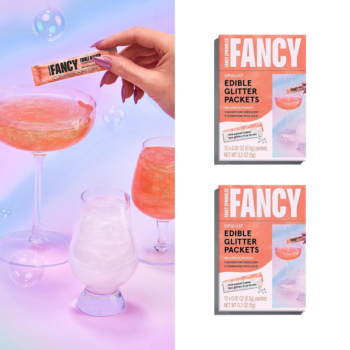 Fancy Sprinkles Opulust Edible Glitter Packets Portable & On-The-Go for Sparkling Drinks, Champagne, Cocktails, Wine, Beer, & more. (2 Pack)