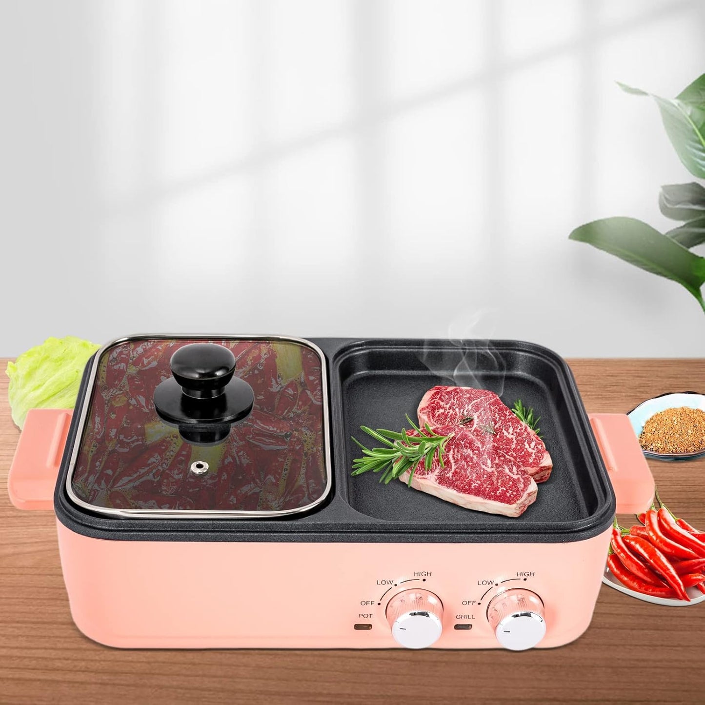 Hot Pot and Grill, 2 In 1 Electric Hot Pot Grill Cooker, Non-Stick Multi-Functional Smokeless Shabu Korean BBQ Pan Indoor with Dual Temperature Control, Capacity for 2-4 People