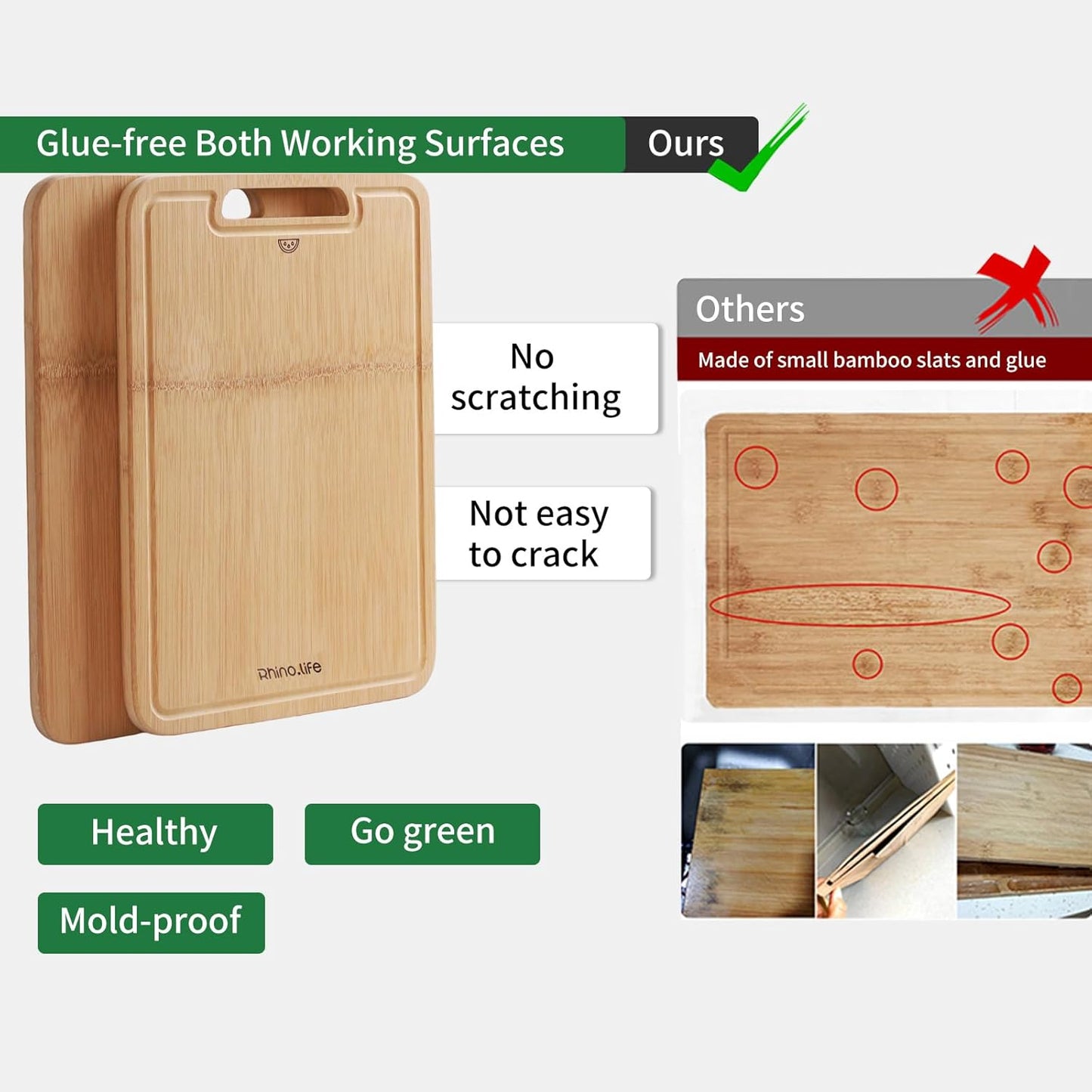 Healthy and No Glue & Organic Non Toxic Large Bamboo Cutting Board with hands for Kitchen,Plastic Free & Juice Groove, Non-solid wood Cutting Board for Meat, Vegetables and Fruits(16 * 11inch)