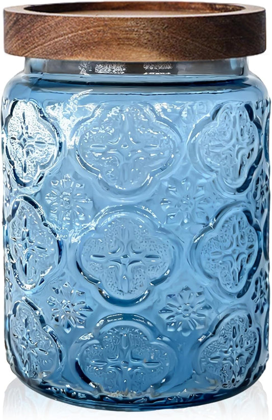 Glass Jar with Airtight Wood Lid – 24 OZ Kitchen and Pantry Canister, Decorative Vintage Storage Container for Candy, Coffee, Cookie, Cereal, Flour, Sugar, Tea, Blue Begonia