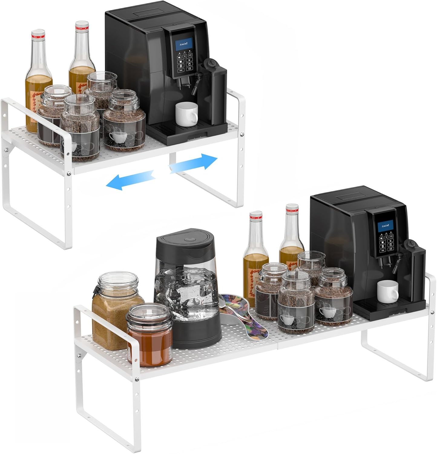 iPEGTOP 2 Pack Large Expandable Cabinet Storage Shelf, Heavy Duty Stackable Steel Metal Spice Rack Adjustable Height Home Office Pantry Garage Shelves for Counter Kitchen Organization, White