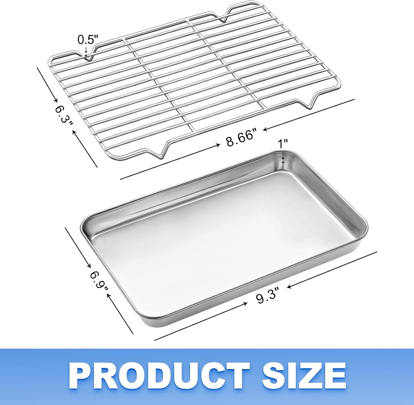 Baking Sheet with Wire Rack, Cookie Sheet Baking Pan Toaster Oven Tray with Cooling Rack, Stainless Steel Eighth Sheet Pan with Rack 9' x 7' x 1', Healthy & Non Stick & Dishwasher Safe