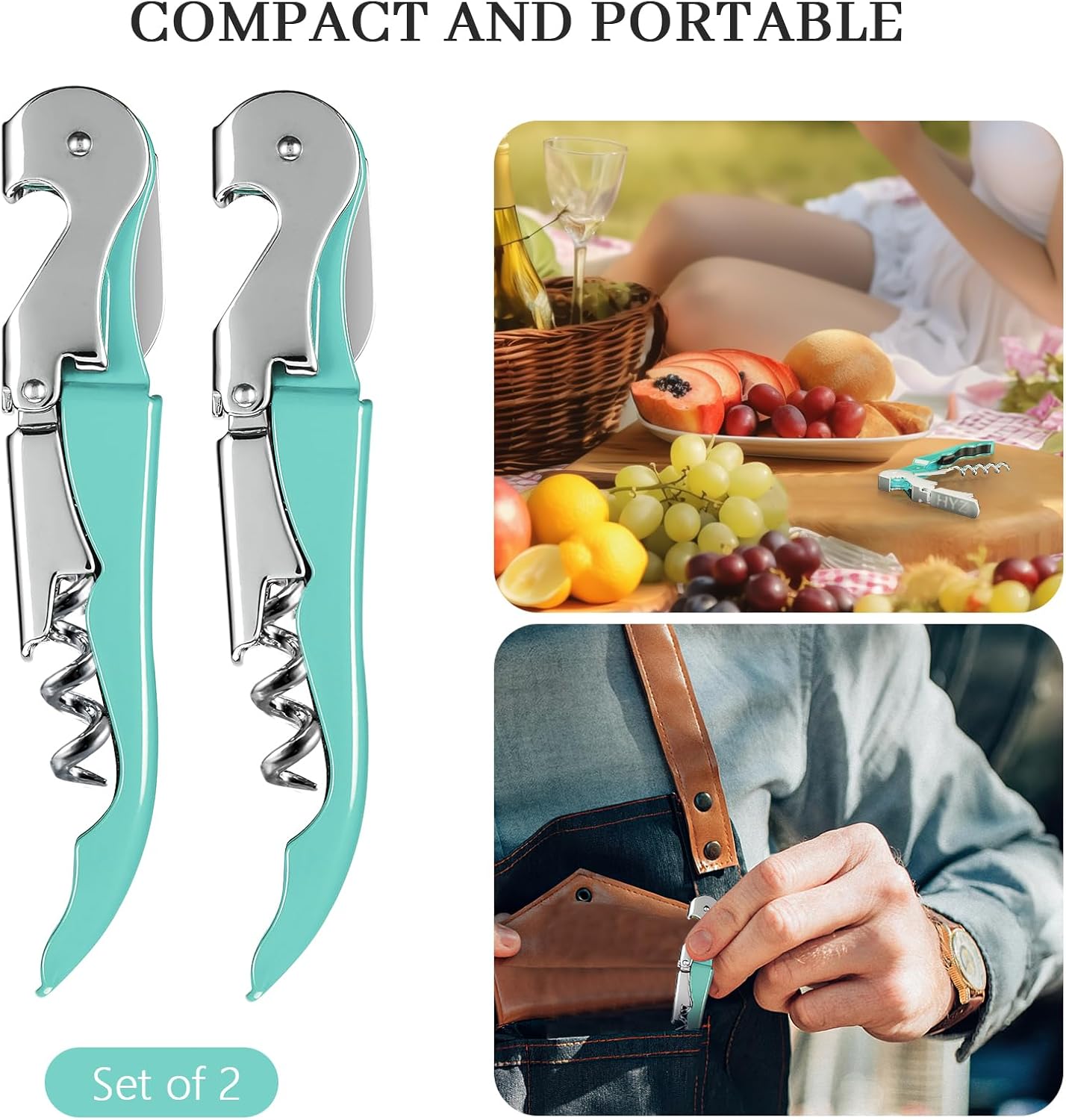 HYZ 2-Pack Wine Opener Waiter Corkscrew, Professional Wine Key for Servers, Bartender with Foil Cutter, Manual Wine Bottle Opener Double Hinged (Mint Green)