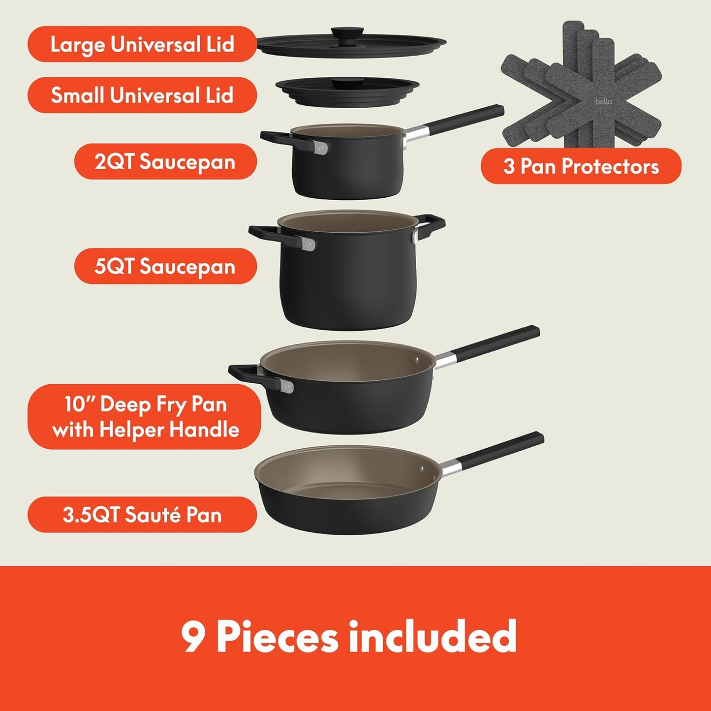 bella 9 Piece Ceramic Nonstick Cookware Set, Fits-anywhere™ Kitchenware w EverGood™ Coating, Dishwasher & Oven Safe, All Stovetops Compatible, Stackable Design, Cool Touch Handles, Black