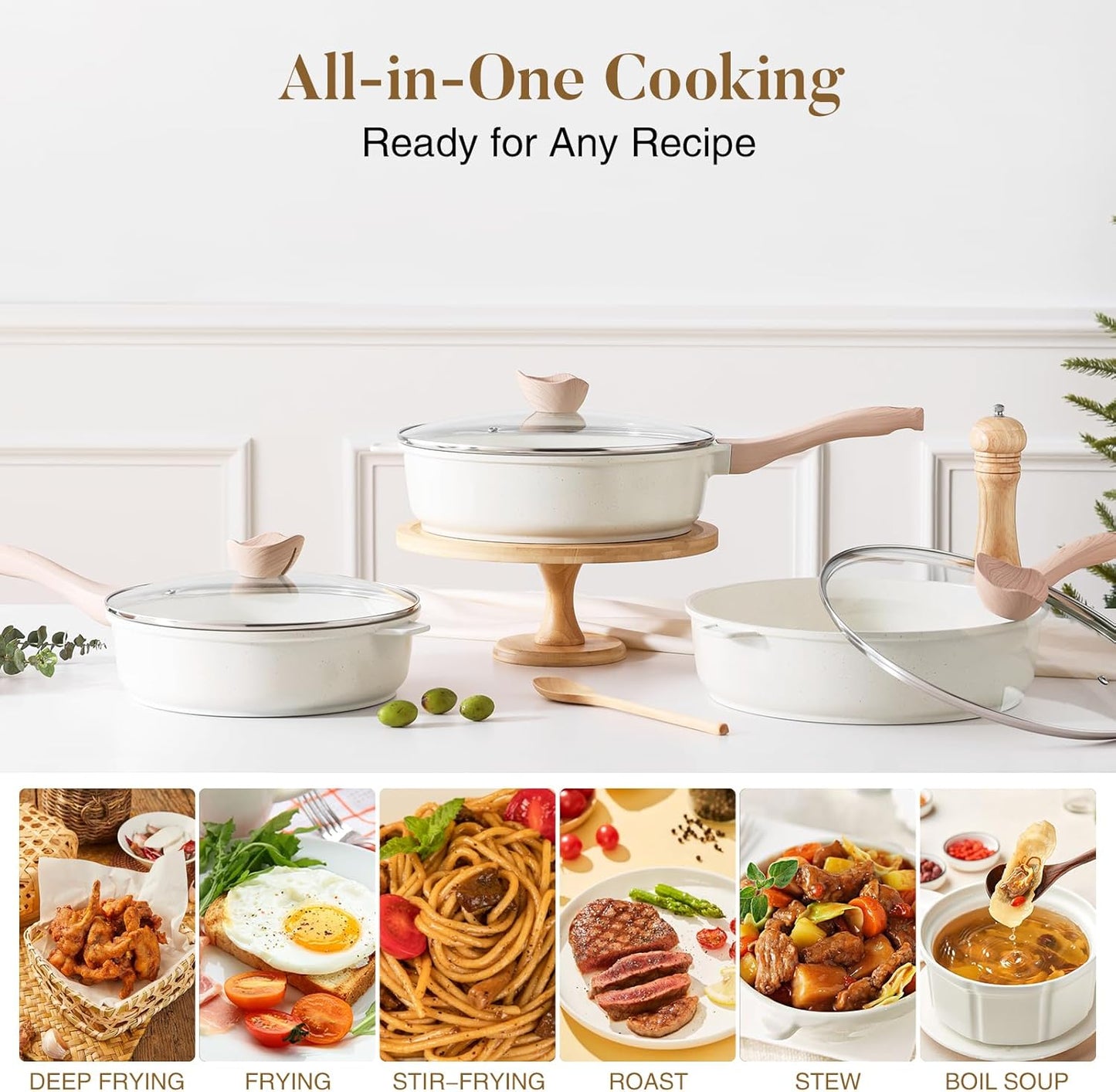 Nonstick Ceramic Deep Frying Pan, 10 Inch Non Toxic Skillet with Lid, Healthy Jumbo Cooker, Saute Pan for Cooking, Induction Cookware, PFOA & PFAS Free (Cream)