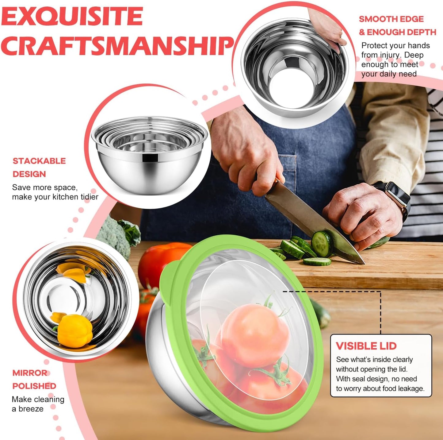 E-far Mixing Bowls Set of 7, Stainless Steel Mixing Bowls with Airtight Clear Lids, Metal Nesting Bowls for Kitchen Prep, Baking, Serving, Dishwasher Safe, Size 4.6, 3.5, 3, 2, 1.5, 1, 0.7QT, Colorful