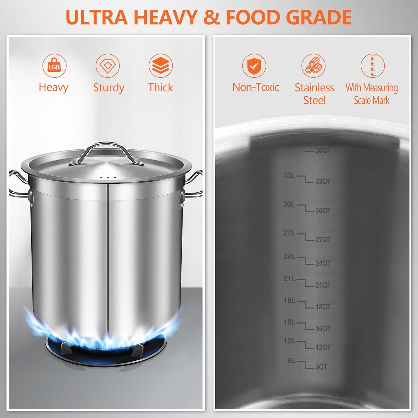 35 Quart Stainless Steel Cooking Pot - Stock Pot with Lid - Large Soup Pot for Cooking, Stew, Pozole, Pasta - Induction Compatible - Ideal for Home & Commercial Use